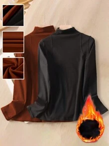 SHEIN Unity Plus Size Black & Camel Color Casual Warm Base Layer T-Shirt, Autumn/Winter - Multicolor - View 1