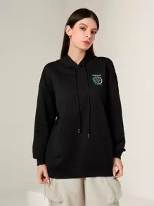 Seusyu Women's Graphic Hooded Sweatshirt With Drawstrings - Black - View 4