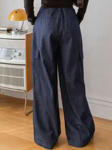 DAZY Drawstring Waist Cargo Wide Leg Denim Pants Baggy Jeans - Dark Wash - View 4