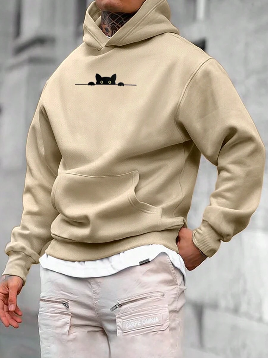 Manfinity Homme 鬆身男士貓印花連帽衛衣 - 卡其色 - 查看 1