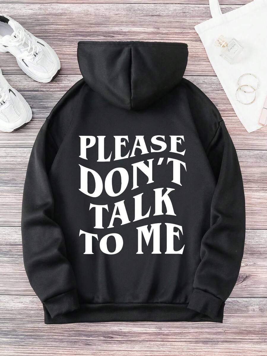 男/女休閒字母印花連帽衫,毛絨襯裡,時尚寬鬆秋冬運動衛衣,帶抽繩連帽口袋 - 黑色 - 查看 1