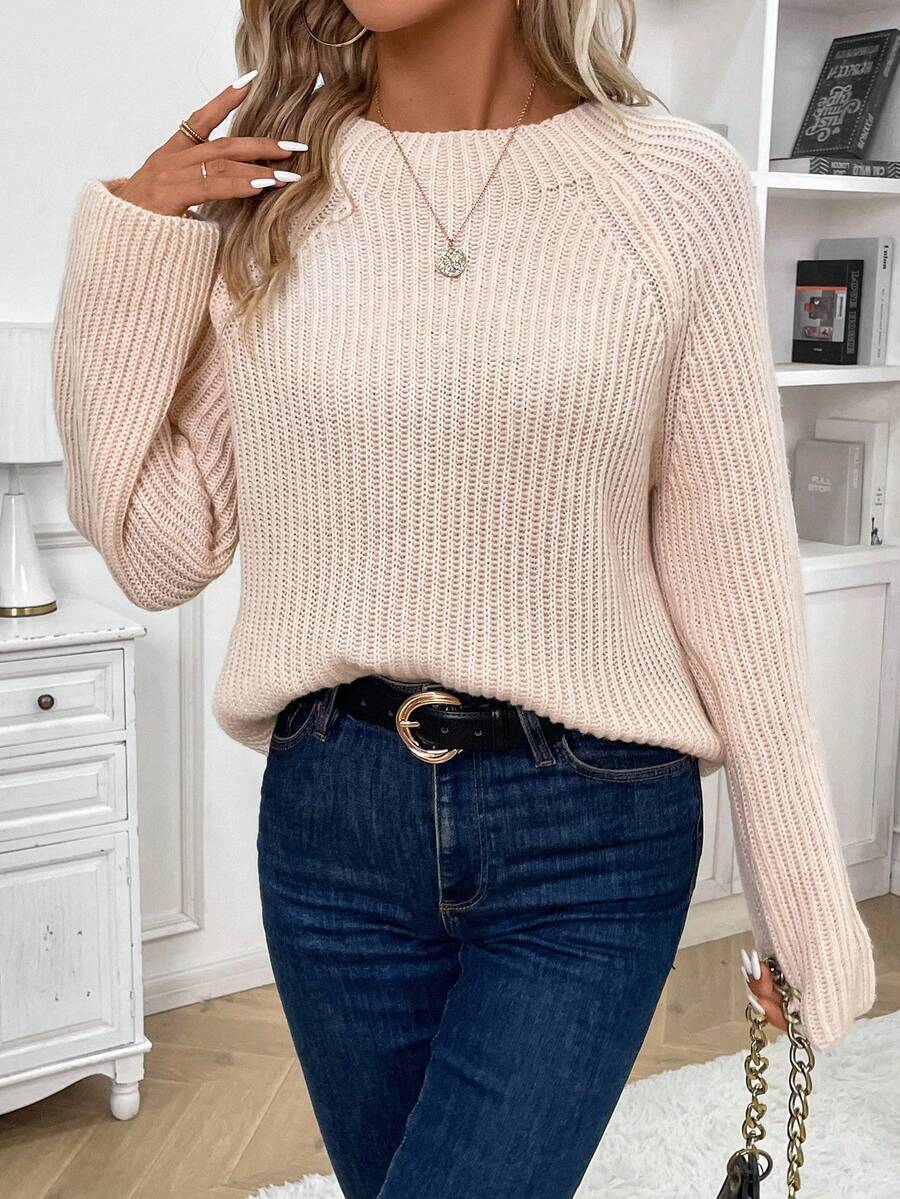 SHEIN Essnce 肋針針織圓領拉幫袖毛衣 - 米色 - 查看 1