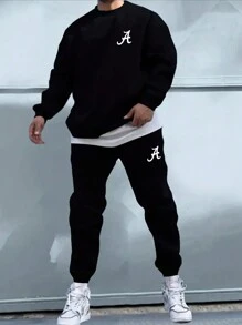 Manfinity Homme Nam Giải trí Đúng mốt Vòng cổ Áo nỉ Và Chạy bộ 2 cái/bộ Với In thư - màu đen - Xem 1