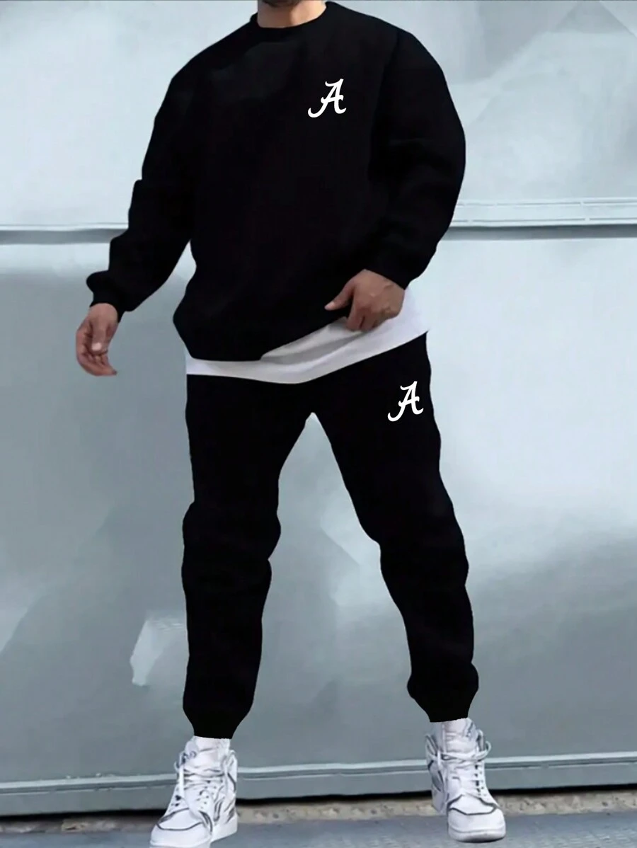 Manfinity Homme Nam Giải trí Đúng mốt Vòng cổ Áo nỉ Và Chạy bộ 2 cái/bộ Với In thư - màu đen - Xem 1