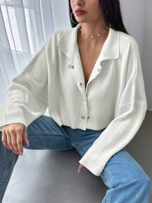 EURMUSE Solid Drop Shoulder Button Up Cardigan - Beige - View 3