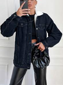 EURMUSE Borg Collar Drop Shoulder Flap Detail Denim Coat - Dark Wash - View 4