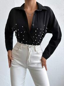RueChic Loose-fitting Casual Shirt With Beaded Drop Shoulder Sleeve Detail - Black - View 3