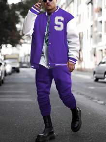 Aesthetic Post--Men's Color Block Letter Print Jacket And Pants Two Piece Set - Purple - View 1