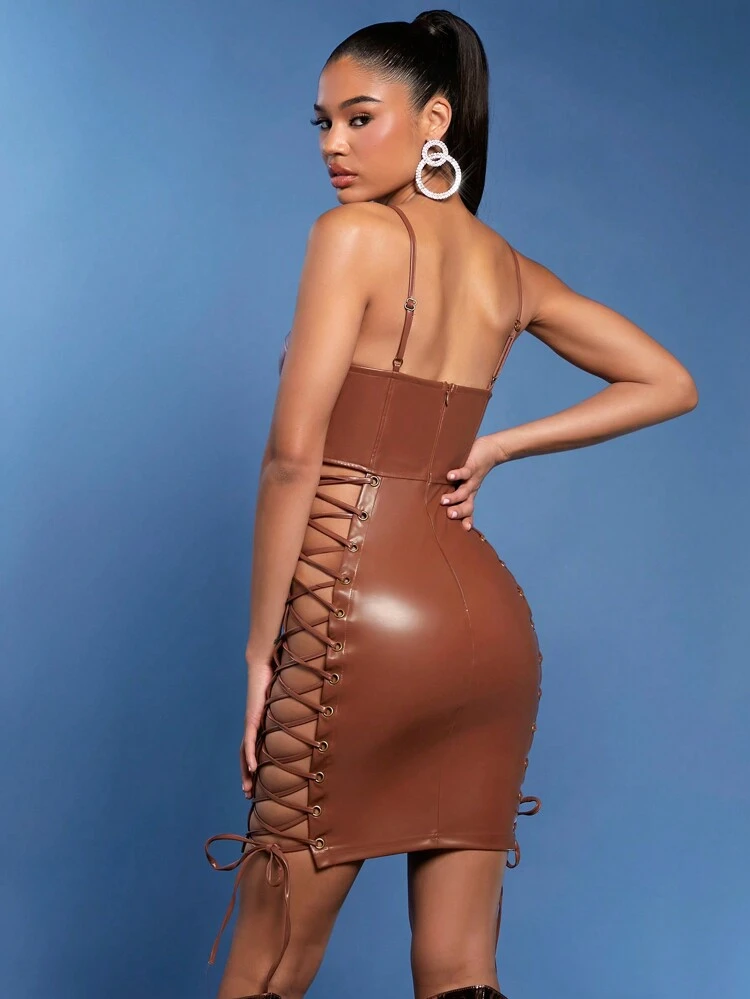 Lace Up Cut Out Side PU Leather Dress