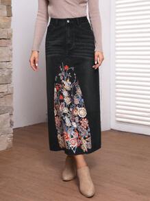 SHEIN LUNE 女士花卉印花牛仔裙 - 黑色 - 查看 4