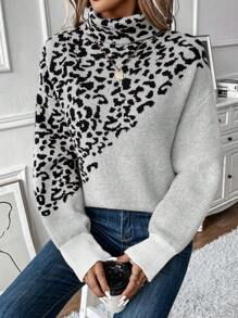 SHEIN LUNE Của phụ nữ In hoa Báo Cổ áo cao Áo len - Màu be - Xem 4