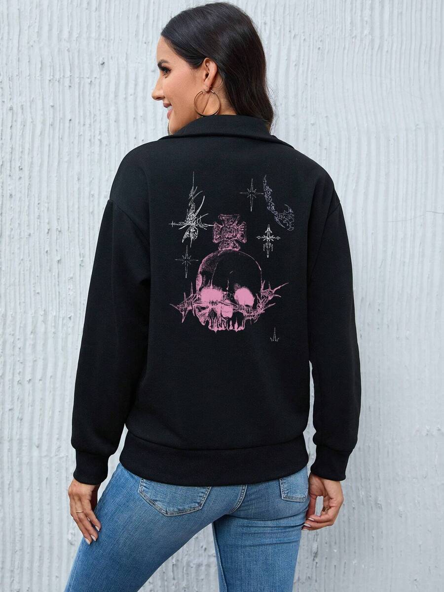 INAWLY 女士骷髅印花落肩套头卫衣秋季卫衣 - 黑色 - 查看 1