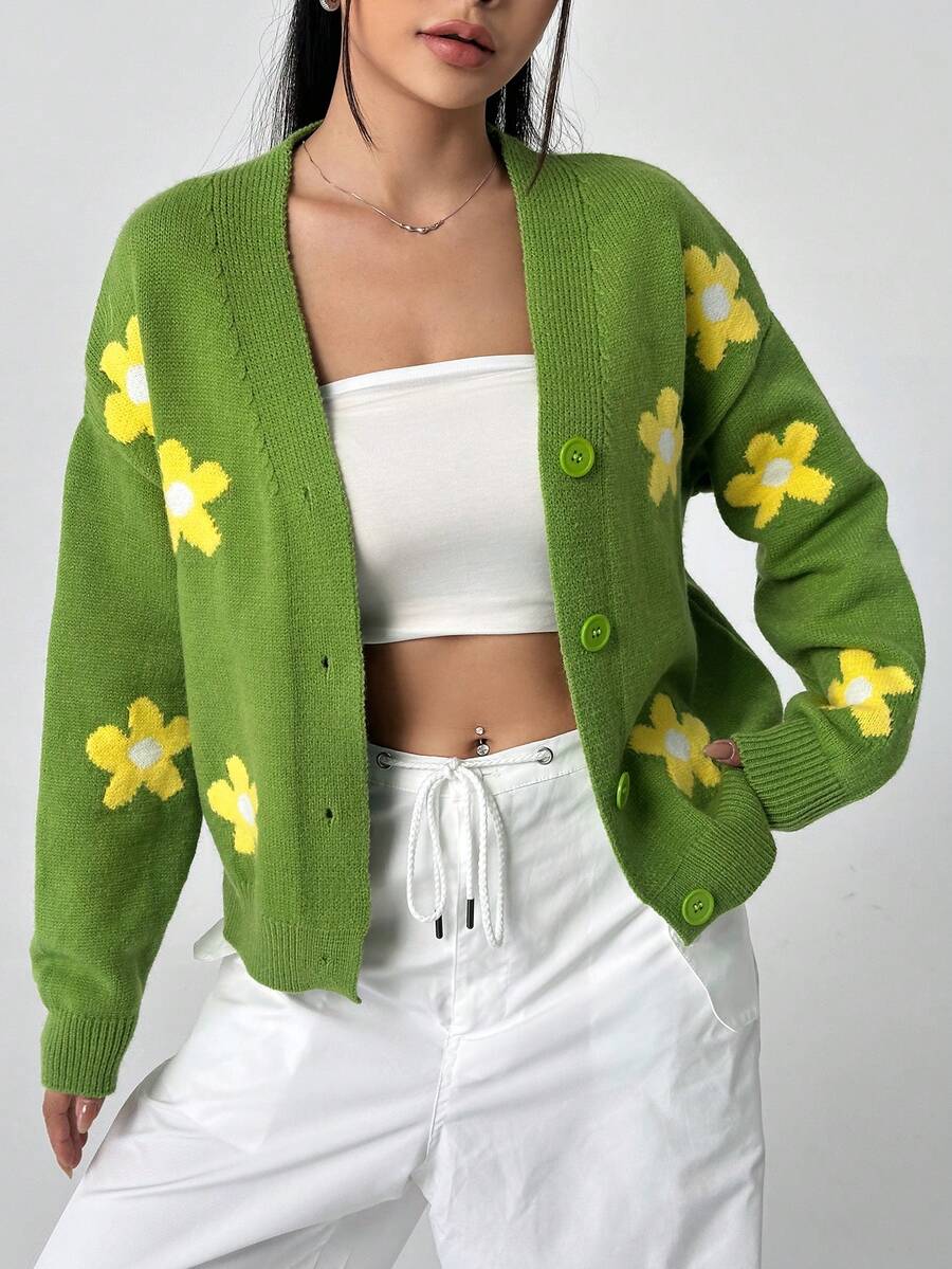 SHEIN Unity 女士花卉圖案落肩開襟衫 - 綠色 - 查看 1