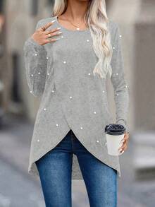 EMERY ROSE 女款長袖 T 卹,搭配裹身下擺和串珠細節 - 灰色 - 查看 6