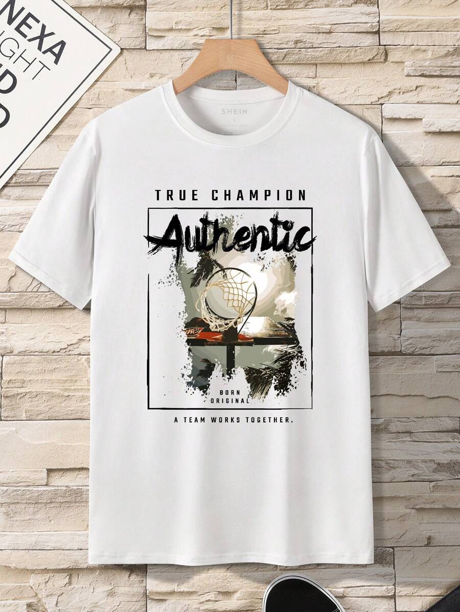 男士白色圓領印花t恤 - 白色 - 查看 1