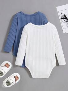 SHEIN 嬰兒男童休閒純色長袖連身衣2入組 - 藍白色 - 查看 2