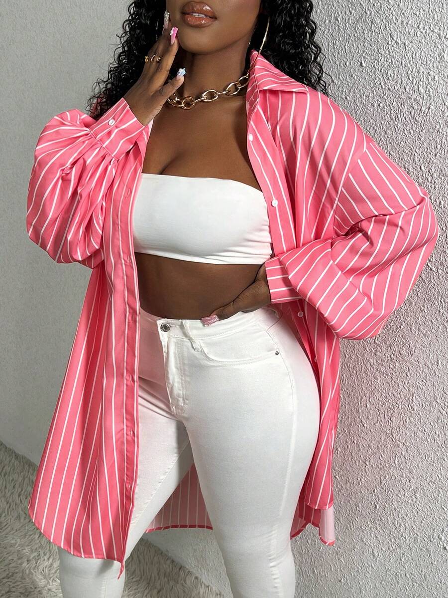 Slaydiva 宽松版型纽扣条纹休闲衬衫 - 彩色 - 查看 1