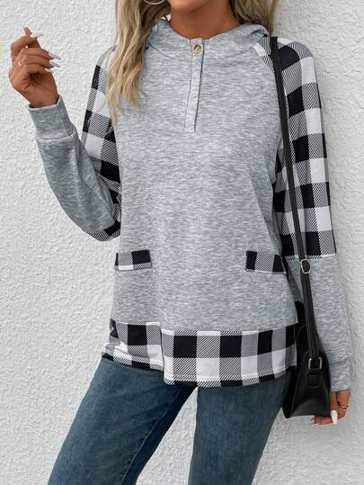 SHEIN LUNE Sudadera Con Capucha Para Mujer, Patchwork A Cuadros, Manga Raglán