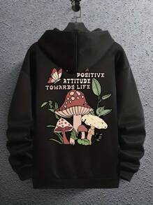 Manfinity Hypemode Men's Mushroom Printed Hooded Thermal Lined Sweatshirt For Warmth - Black - View 1