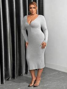 SHEIN SXY Women's Plus Size Solid Color Zipper Half Placket Hooded Bodycon Dress - Grey - View 7