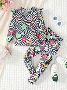 SHEIN 2 件套年轻女孩彩色菊花和黑白格子印花盖袖长袖 T 恤和长裤套装，秋冬季 - 彩色 - 查看 6