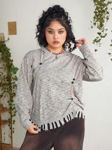 ROMWE PUNK Plus Size Marble Knit Button Decorated Sweater - Multicolor - View 1