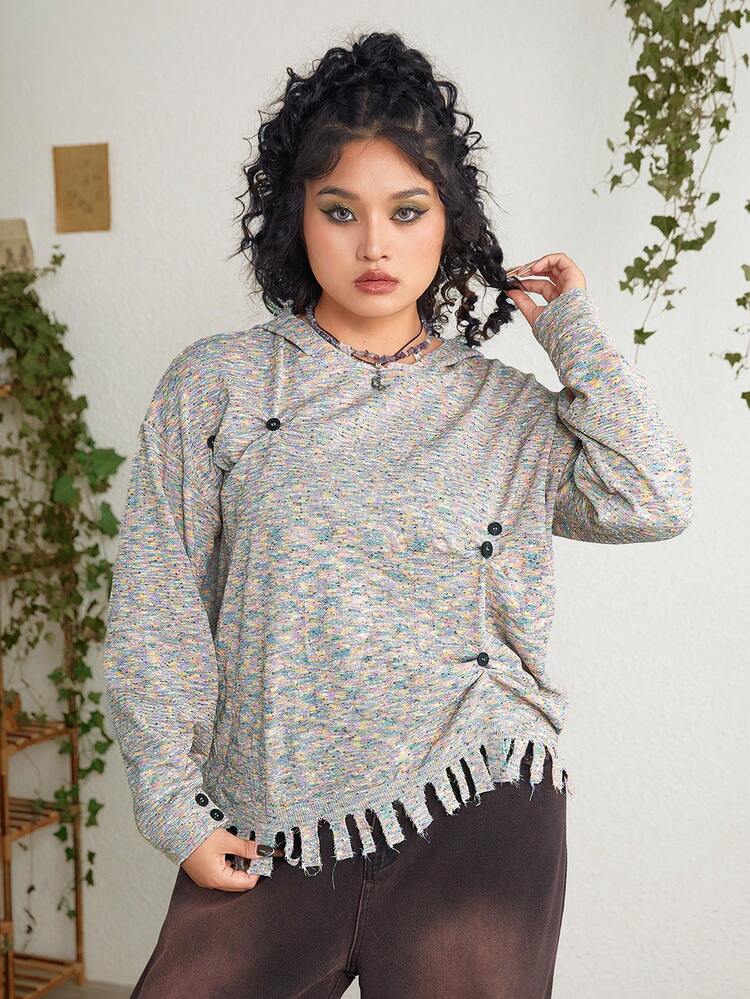 Plus Size Marble Knit Button Decorated Sweater
