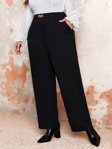 SHEIN Franclia 大尺碼高腰直筒褲 - 黑色 - 查看 5