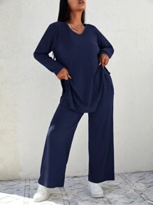 EURMUSE Plus Solid Split Hem Tee & Wide Leg Pants - Navy Blue - View 3