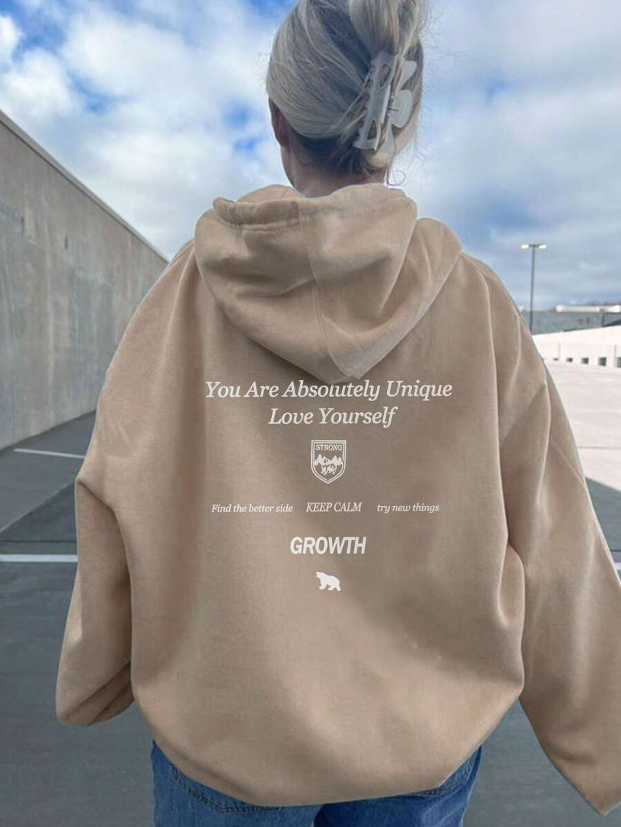 SHEIN EZwear Áo nỉ có mũ Với Mẫu , Giải trí Phong cách - Màu Khaki - Xem 1