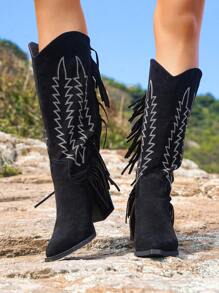 Styleloop Retro Western Style Embroidered Tassel Cowboy Boots Farm Boots Ranch Boots Riding Boots High Boots Motorcycle Boots - Black - View 4