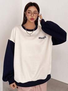 DAZY Color-block Letter Printed Drop Shoulder Sweatshirt - Navy Blue - View 3