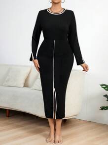 Celure 大尺碼拼接邊緣開叉下擺洋裝 - 黑色 - 查看 5