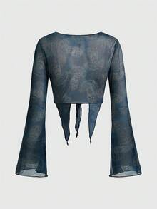 ROMWE Hippie 復古印花蕾絲綁帶上衣 - 藏蓝色 - 查看 2