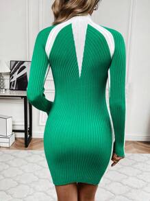 SHEIN Privé 女士高領拼色修身網眼針織衫連衣裙,長袖 - 綠色 - 查看 2