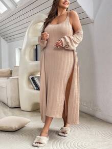 SHEIN Essnce Conjunto De Dos Piezas De Vestido Camisola Y Ropa De Abrigo De Talla Grande - Albaricoque - Ver 1