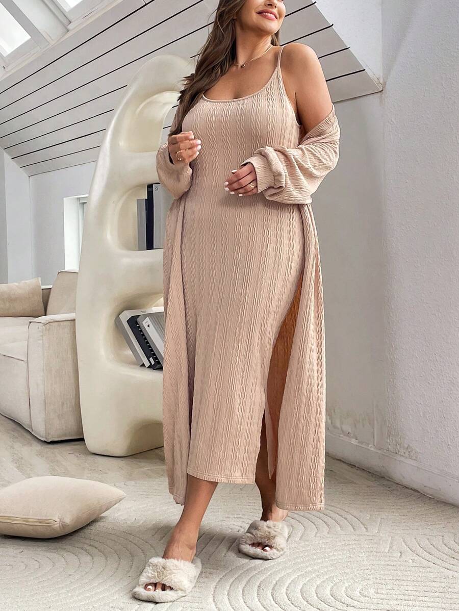 SHEIN Essnce Conjunto De Dos Piezas De Vestido Camisola Y Ropa De Abrigo De Talla Grande - Albaricoque - Ver 1