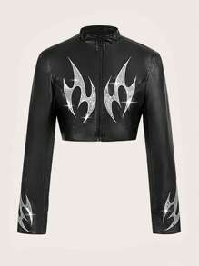 SHEIN ICON Chaqueta Recortada Con Remiendos De Relámpagos Brillantes - Negro - Ver 1