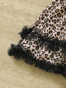 SHEIN Baby Girl Leopard & Letter Graphic Contrast Lace Ruffle Hem Dress - White - View 3
