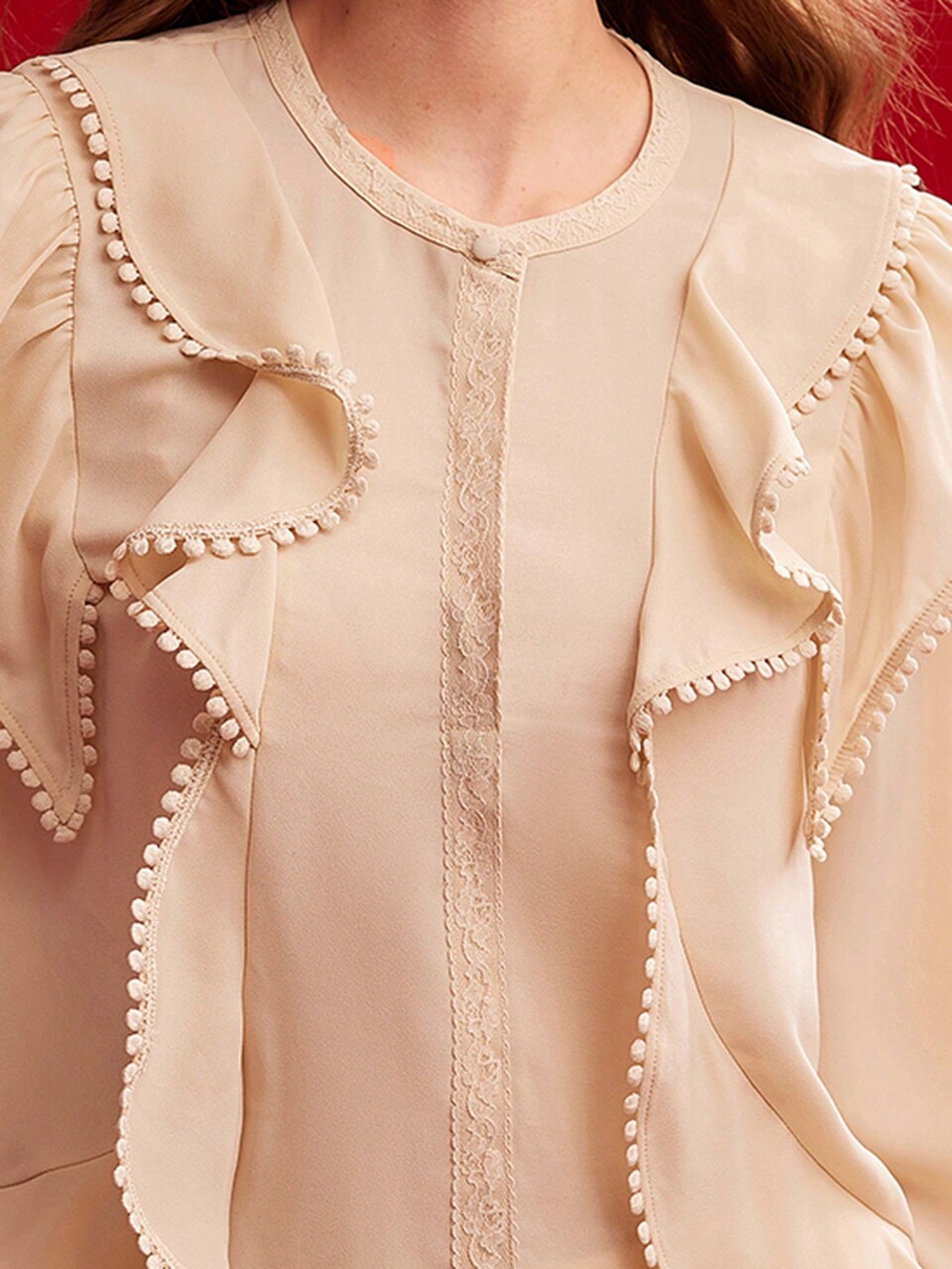 WOVEN LACE RUFFLE TRIM BLOUSE FOR WOMEN,VALENTINE'S DAY