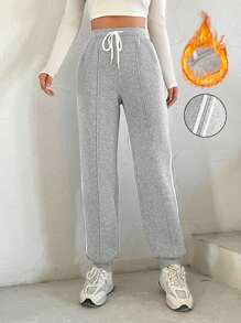 Muchica 撞色飾邊側條紋抽繩腰部慢跑褲 - 灰色 - 查看 1