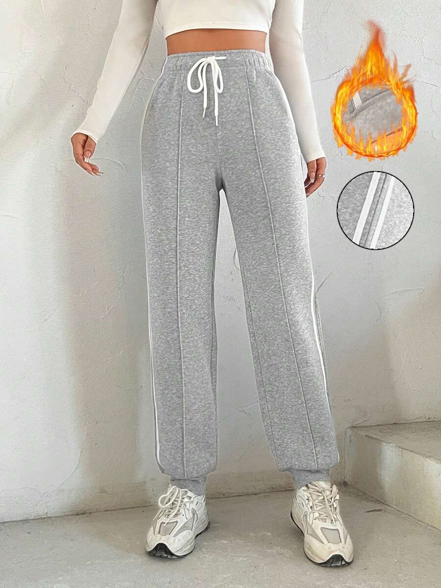 Muchica 撞色飾邊側條紋抽繩腰部慢跑褲 - 灰色 - 查看 1