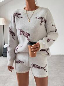 SHEIN LUNE Ladies' Leopard Print Drop Shoulder Sweater 2pcs/Set - Apricot - View 5