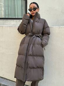 DAZY Women's Zippered Hooded Padded Coat With Belted Waist, Ladies Winter Casual Belted, Pocket, Zipper Regular Sleeve Hooded Regular Fit Mocha Brown Plain Women Padded Coats, Winter Warmth/ Winter Fashion ,Winter Women Clothes,Winter Coat Women - Mocha Brown - View 1