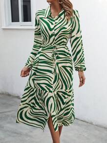 SHEIN LUNE Của phụ nữ Mô hình ngựa vằn Tay áo dài Váy sơ mi Với Thắt Lưng - màu xanh lá - Xem 5