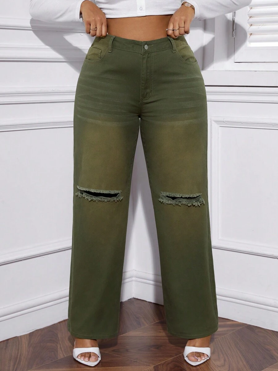 SHEIN EZwear 大尺碼女用破洞鬍鬚細節直筒牛仔褲 - 軍綠色 - 查看 1