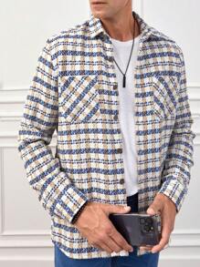 RueChic Men's Plaid Shacket With Front Pockets - Blue and White - View 1