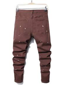Manfinity Roughcore Men's Frayed Distressed Ripped Jeans With Ink-splatter Print And Button Fly Closure - Coffee Brown - View 2