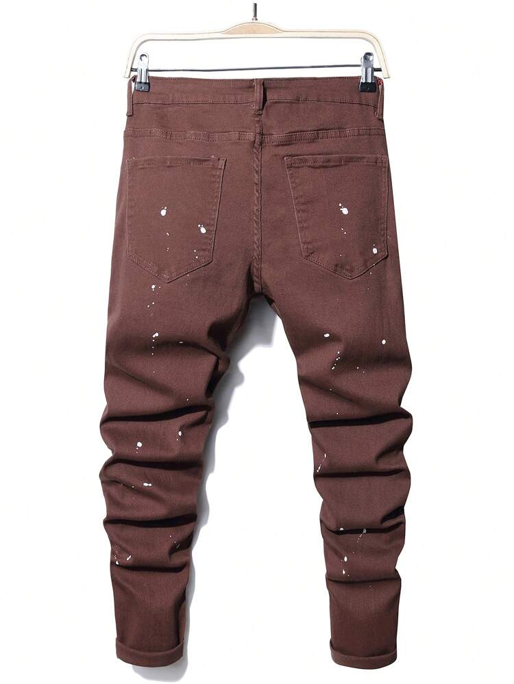 Men's Frayed Distressed Ripped Jeans With Ink-splatter Print And Button Fly Closure