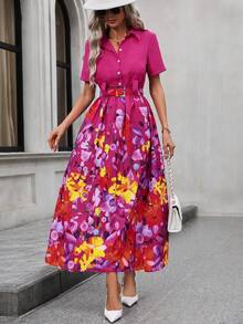 SHEIN Clasi Floral Printed Belted Shirt Dress - Hot Pink - View 5